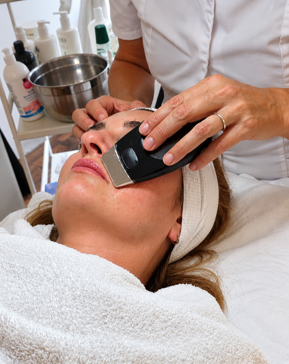 Professionelle Gesichtsbehandlung mit Ultraschallspatel